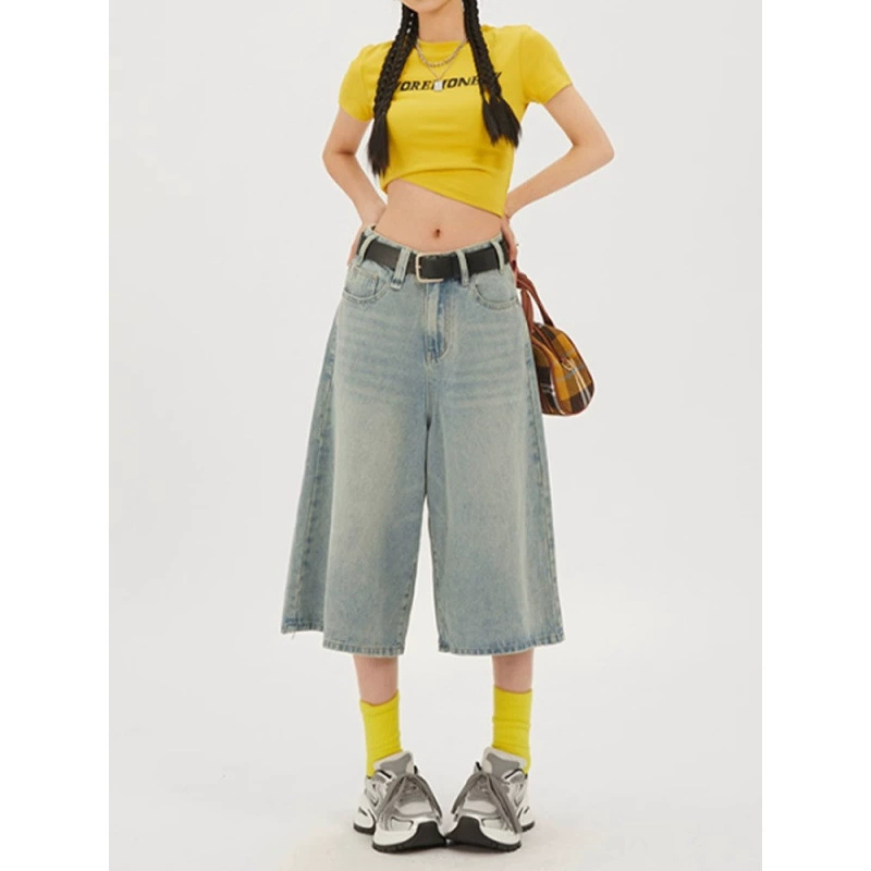 Широкие укороченные джинсовые шорты 2025 лето тонкие ретро высокая талия плюс размер свободные утягивающие прямые брюки средней длины