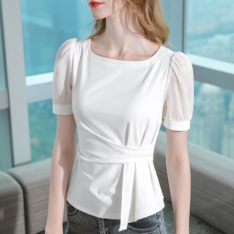 Camiseta de manga corta para mujer, verano 2022, escote cuadrado con inserciones de malla, mangas abullonadas de algodón, top ajustado a la cintura con diseño de mangas abullonadas.