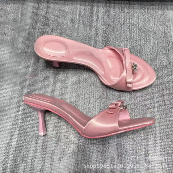 High Version Spring and Summer Letter Rhinestone Bow Silks and Satins Sandals Open Toe Buckle High Heels Stiletto Heels