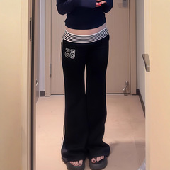 厂家直销美式复古条纹拼接抽绳休闲裤女2025秋季新款宽松阔腿长裤