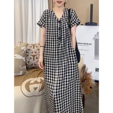 棉麻连衣裙女2025年夏季新款v领经典色织格子宽松显瘦长裙