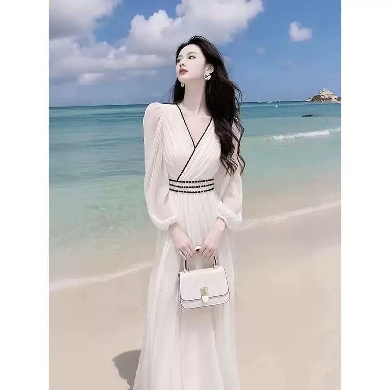 小香风白色雪纺连衣裙2025早春海边度假风法式超仙仙女收腰长裙子|undefined