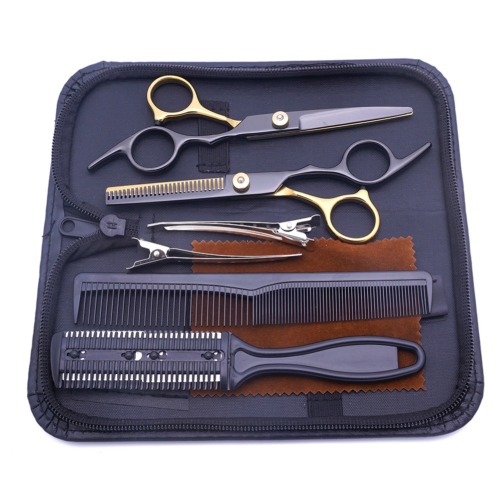 Fábrica directa de tijeras de corte de pelo de oro negro, tijeras de corte de pelo planas especiales, tijeras de corte de pelo delgadas, set de tijeras de corte de pelo domésticas