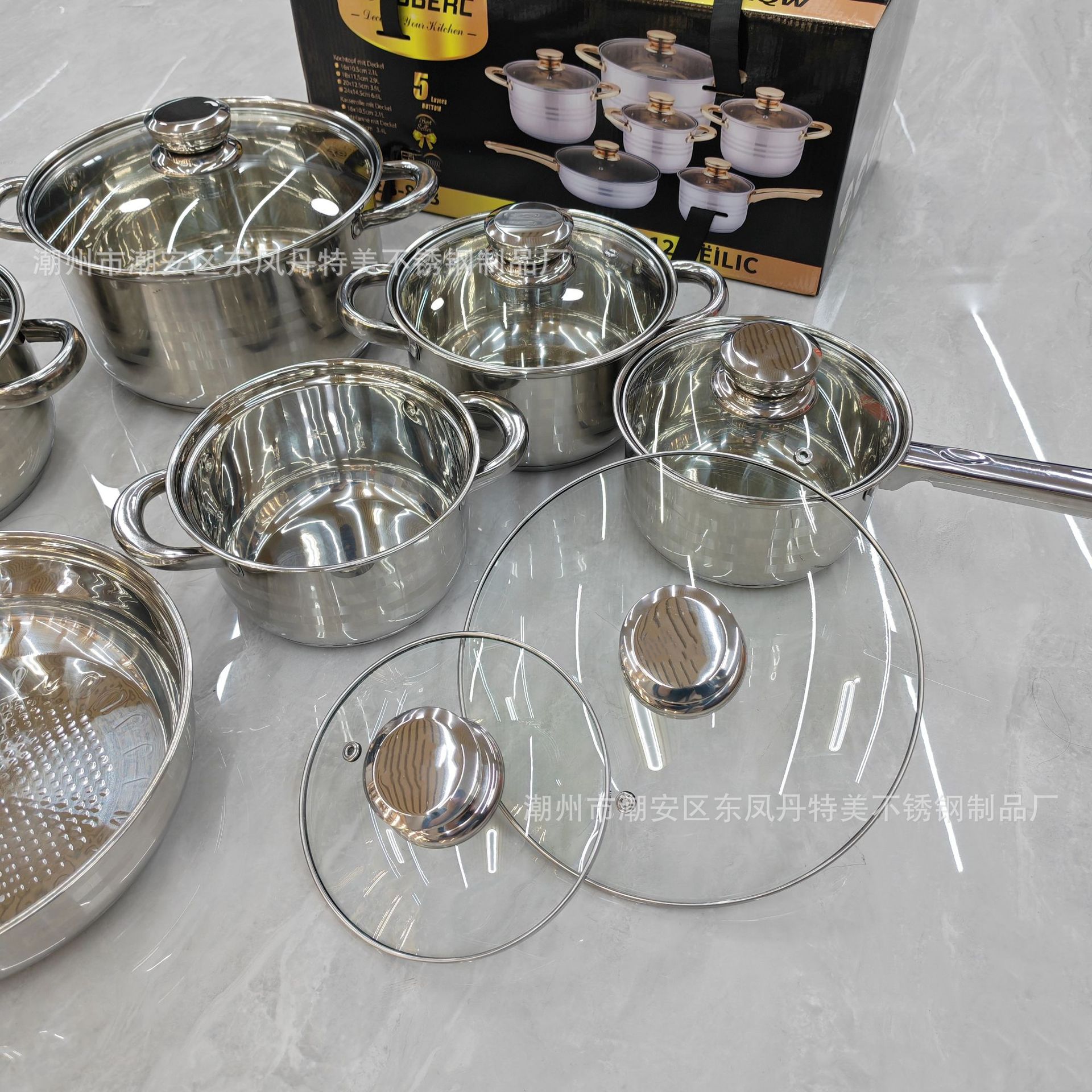 Juego de Ollas de Cocina de Acero Inoxidable de 15 Piezas con Fondo de 5 Capas Sin Recubrimiento para Cocina