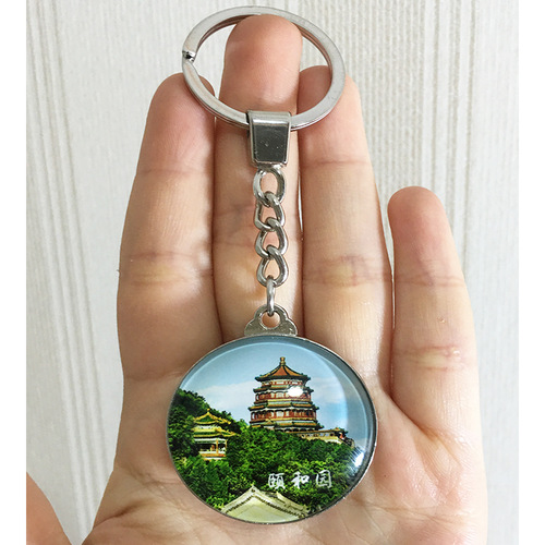北京旅游纪念品故宫天安门鸟巢颐和园长城双面水晶玻璃钥匙扣挂件
