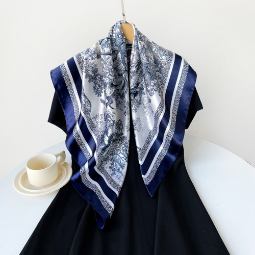 90cm silk scarf, women's European and American bag, headscarf, cross-border new style, satin printed scarf, large square towel wholesale