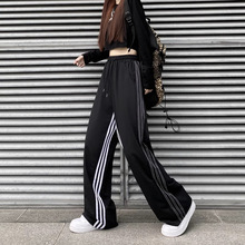 外贸时尚条纹休闲运动裤女春秋新款大码宽松高腰垂坠感直筒裤ins