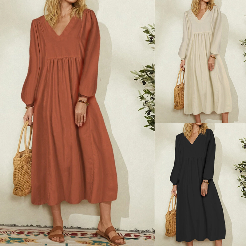 Foreign Trade Women's Clothing 2025 Spring New Amazon Fashion Women's Cotton and Linen Loose Lantern Sleeve Dress European and American Style
