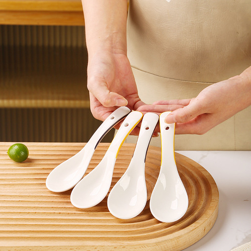 Underglaze Color Ceramic Yellow Brown Green Line Small Soup Spoon Ladle Creative Internet Popular Style