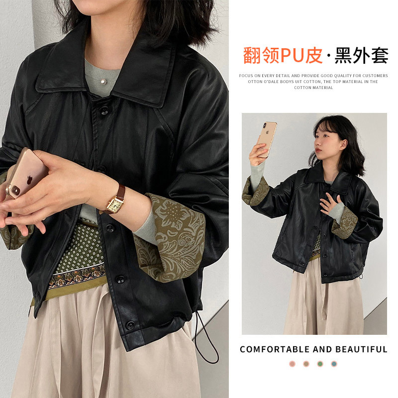 2025年复古翻领pu皮黑外套女夹克上衣甜酷风短款挽袖宽松机车夹克