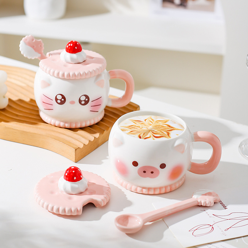 Creativa encantadora caricatura de cerámica taza de regalo rosa de corazón de niña taza de agua con cuchara de cerdo taza de gato