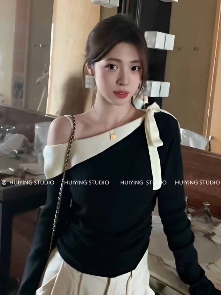 6185 # フランス式の美しい黒の肩の露肩のニットの上着の女性の秋の新型のインナーシャツの大衆