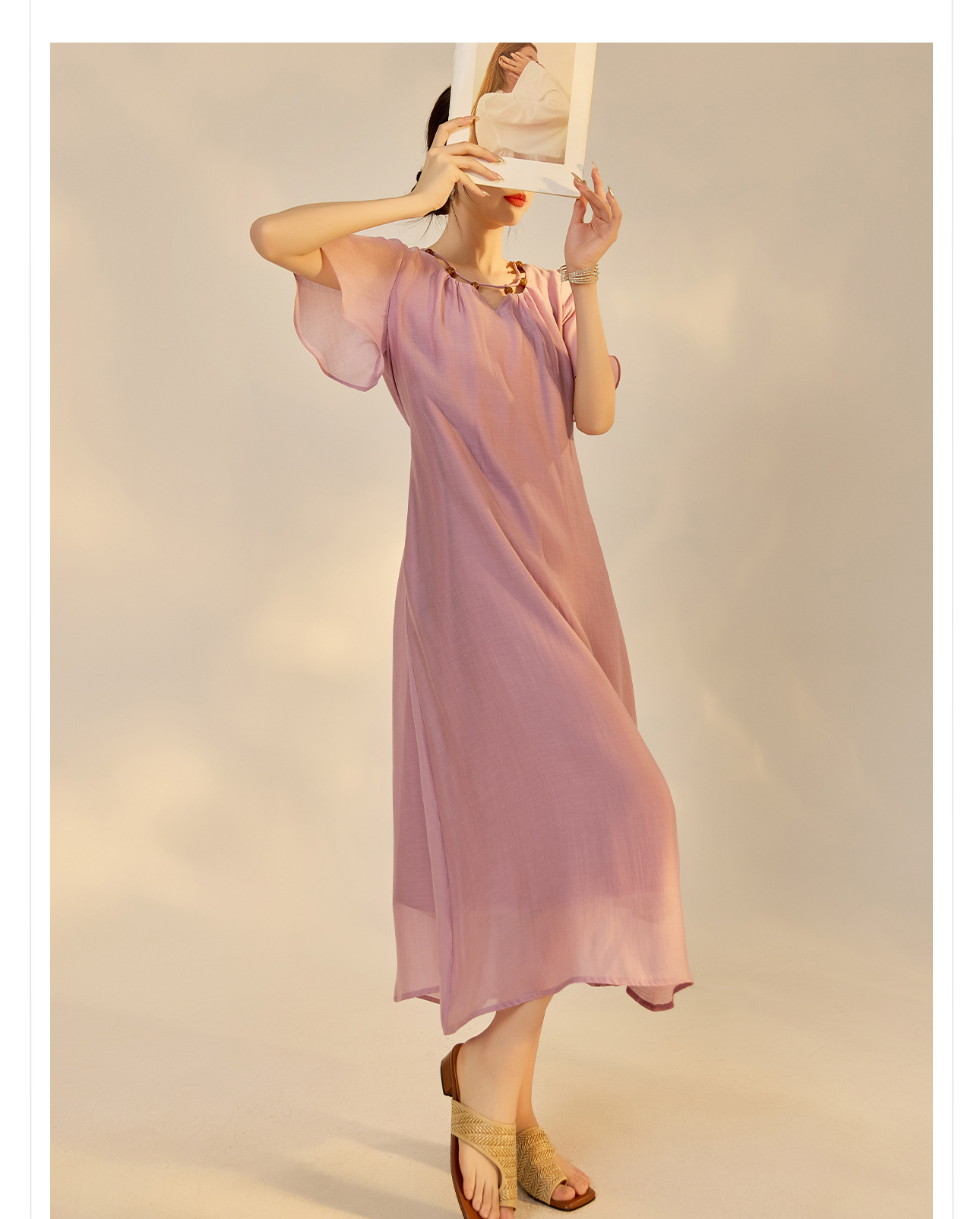 Đầm maxi nữ thắt eo tay lá sen chất Tencel phong cách dân tộc — Taro màu tím chi tiết 11