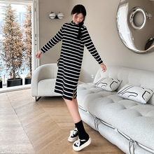 2024春秋季新款法式胖妹妹气质显瘦长裙小个子简约条纹开叉连衣裙