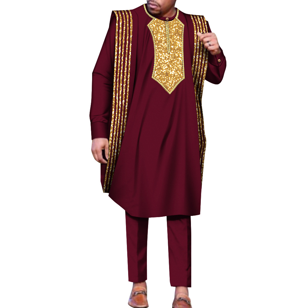 Drop shipping available for European and American style men's robe set, ethnic top and trousers, three-piece wedding party attire.