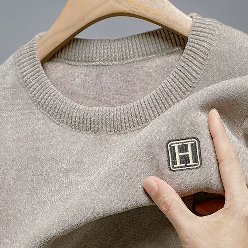 一体绒高端圆领毛衣男士加厚加绒保暖上衣雪尼尔针织衫套头打底衫