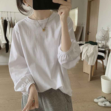 品牌折扣女装白色七分灯笼袖T恤女棉宽松百搭正肩气质复古上衣