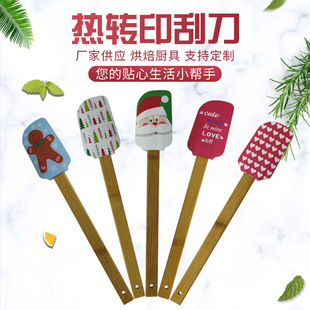 Wooden handle thermal transfer pattern cream cake silicone scraper spatula baking kitchenware baking tools factory supply