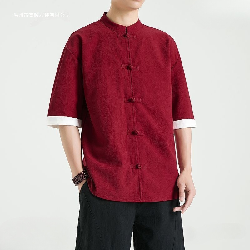 Chinese Style Tang Suit Buttoned Linen Shirt Chinese Style Three-Quarter Sleeve Cotton and Linen Shirt Retro Short-Sleeved Men's Clothing