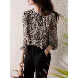 2023春装新款轻熟风斑马纹雪纺衬衫女设计感小众气质高端长袖衬衣