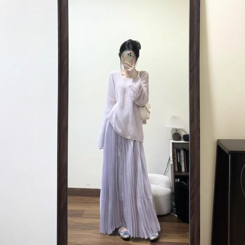 Lazy Mauhair V-neck Sweater Women's High-end Loose Slimming Gentle Elegant Long-sleeved Sweater Top Spring