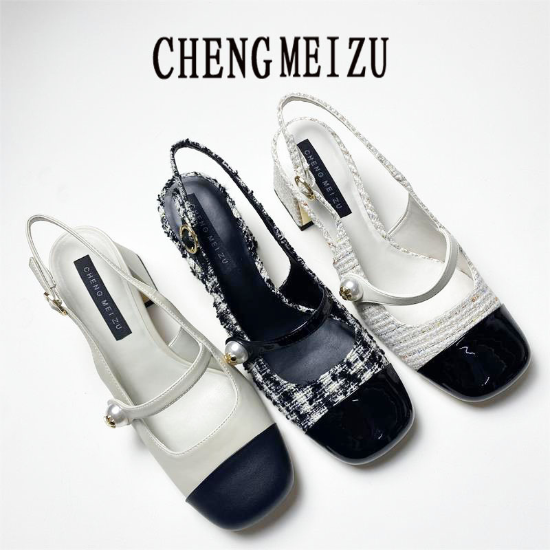 Spring 2024 New Mary Jane Shoes Women's Summer Style Small Fragrant Style Spliced Color Elegant Socialite Baotou Sandals with Thick Heel