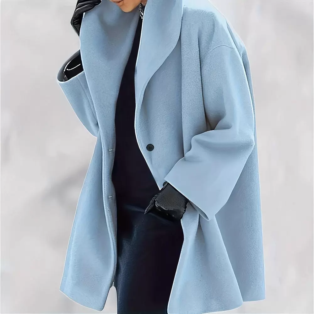 亚马逊2025秋冬新款 女式大码纯色长袖翻领单排扣带口袋外套风衣