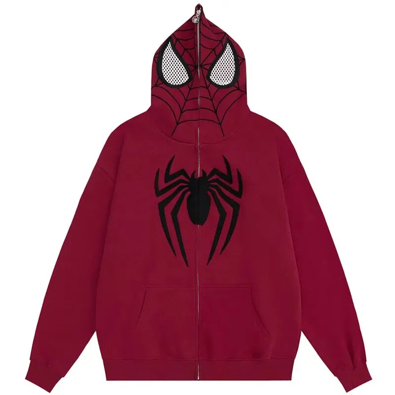 Spider web Superman printed eye hooded cardigan sweater men's and women's fashion brand loose hip hop casual zipper jacket