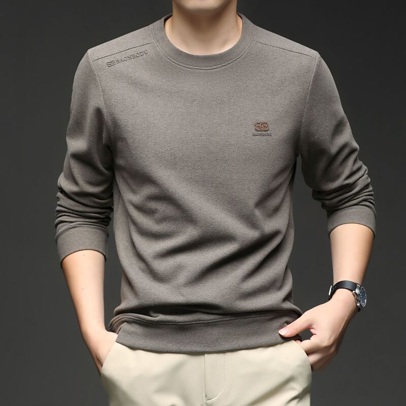 Men's new high-end long-sleeve sweatshirt with mulberry silk, round-neck T-shirt, casual and versatile base top for spring and autumn Men's new high-end long-sleeve sweatshirt with mulberry silk, round-neck T-shirt, casual and versatile base top for spring and autumn