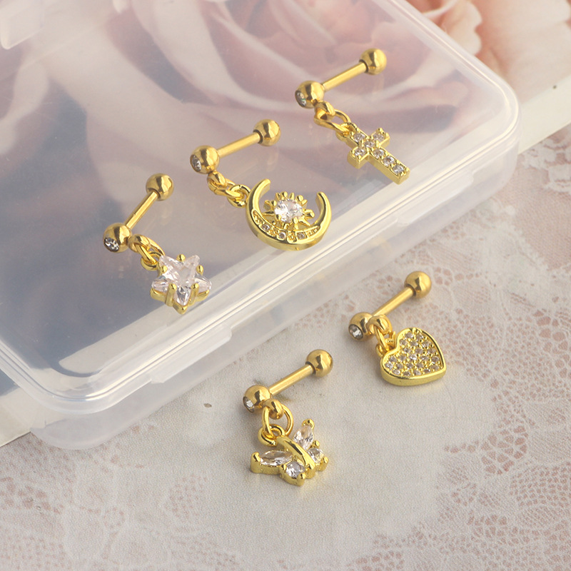 Titanium Steel Micro-Inlaid Zircon Crown Star Ear Nail Screw Ball Earrings - European American Piercing Jewelry detail image 10