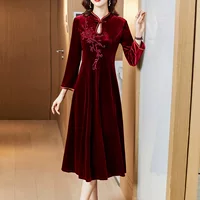 Velvet cheongsam dress, demi‑season burgundy, embroidered, long sleeves, elegant evening wear