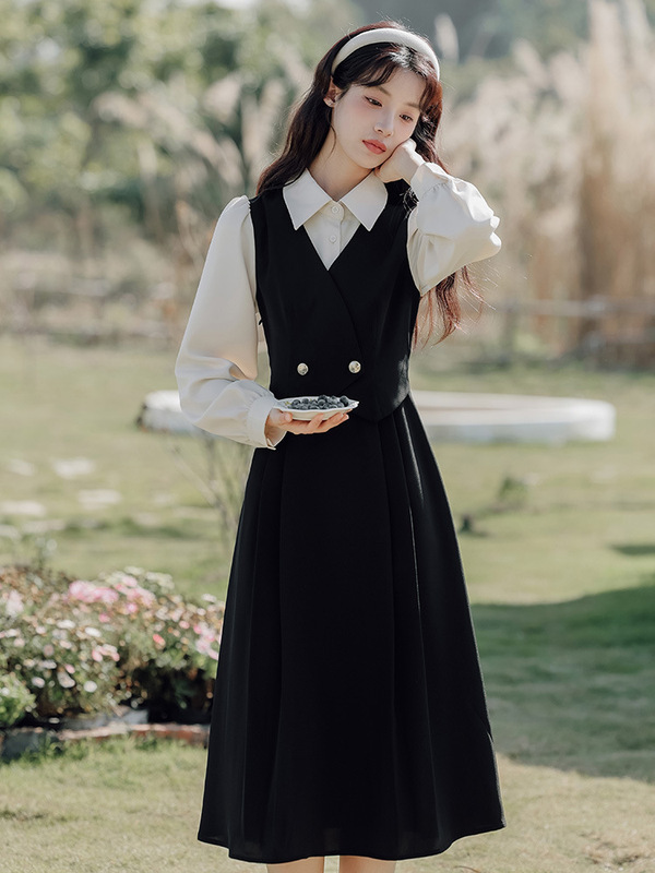 正式场合女装高级感教资面试穿搭连衣裙女假两件气质收腰长裙子|undefined