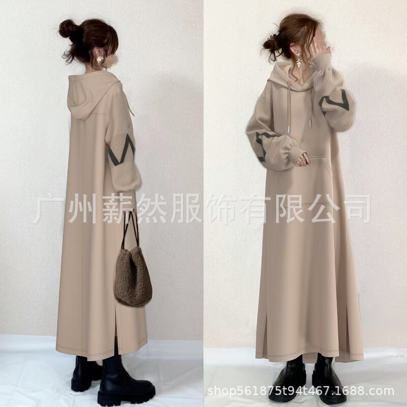 Spot 2025 Hot Selling Spring Women's Fashionable Knitted Sleeves Spliced Hooded Loose Dress Spot 2025 Hot Selling Spring Women's Fashionable Knitted Sleeves Spliced Hooded Loose Dress