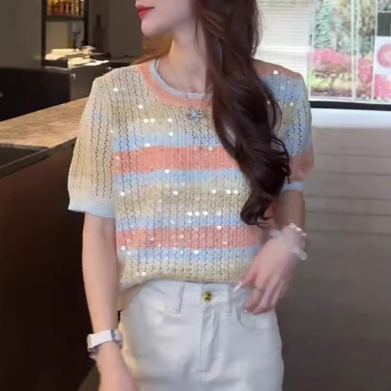 Striped Color-Block Sequin Knit Top for Women 2026 New Spring/Summer Thin Fashion Stylish Unique Super Stylish Top Striped Color-Block Sequin Knit Top for Women 2026 New Spring/Summer Thin Fashion Stylish Unique Super Stylish Top