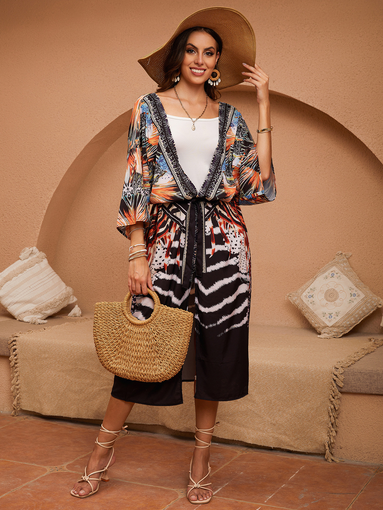 5D59 camisa de playa de posición europea y americana impresión kimono cardigan suelta vacaciones vestido larga bikini camisa protector solar