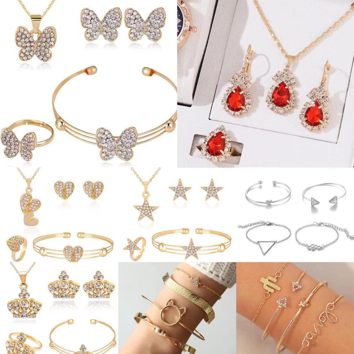 New cross-border hot-selling necklace set, exquisite alloy diamond-encrusted five-pointed star and heart necklace and earring four-piece set wholesale.