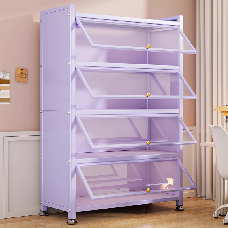 Purple Steel Bookshelf with Glass Door Floor-Standing Bookcase Dust-Proof Hand-Made Display Cabinet Pain Cabinet Iron Storage Locker