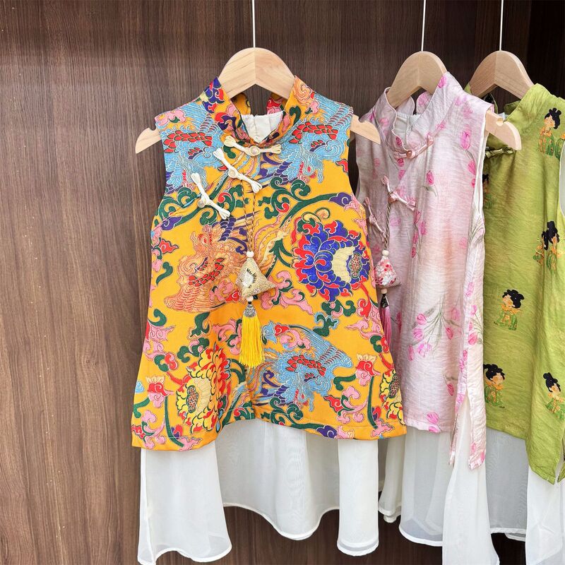 女の子の新しい中国風の古代スタイルのチャイナドレス 2025 夏服子供の偽ツーピースベスト漢服スカートと香りの袋|undefined