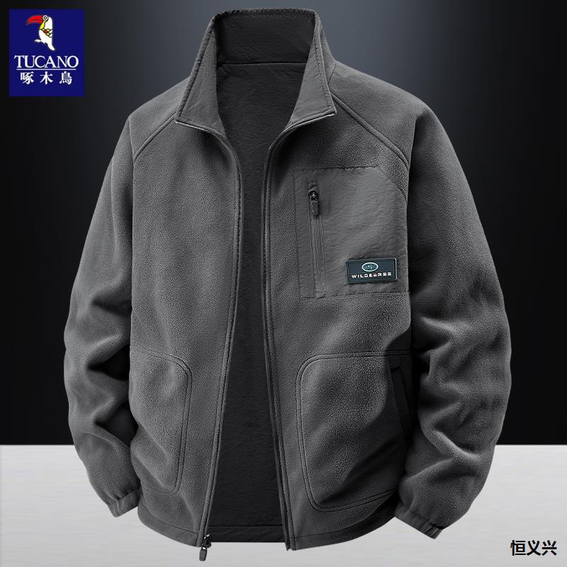 啄木鸟双面穿夹克男外套秋冬季宽松立领休闲保暖摇粒绒夹克男上衣