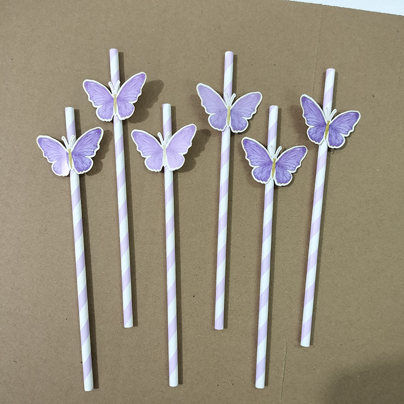 Pajita de papel de tarjeta de mariposa de punto transfronterizo Postre degradable desechable Pajita de decoración de fiesta de bar