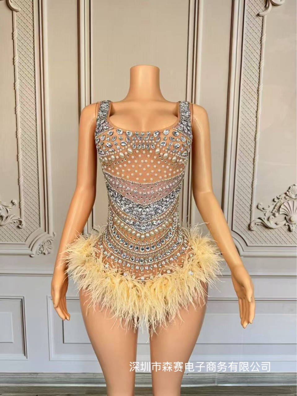 Cross-Border Popular Large Neckline Suspender Rhinestone Feather Skirt Jumpsuit Stage Performance Pole Dance Jiu-Jitsu Skating Suit
