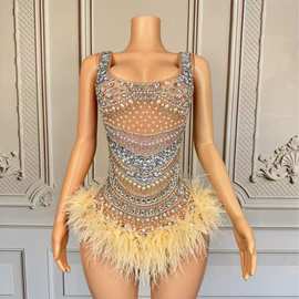 跨境爆款大领口吊带水钻羽毛裙边连体衣舞台表演钢管舞柔术溜冰服