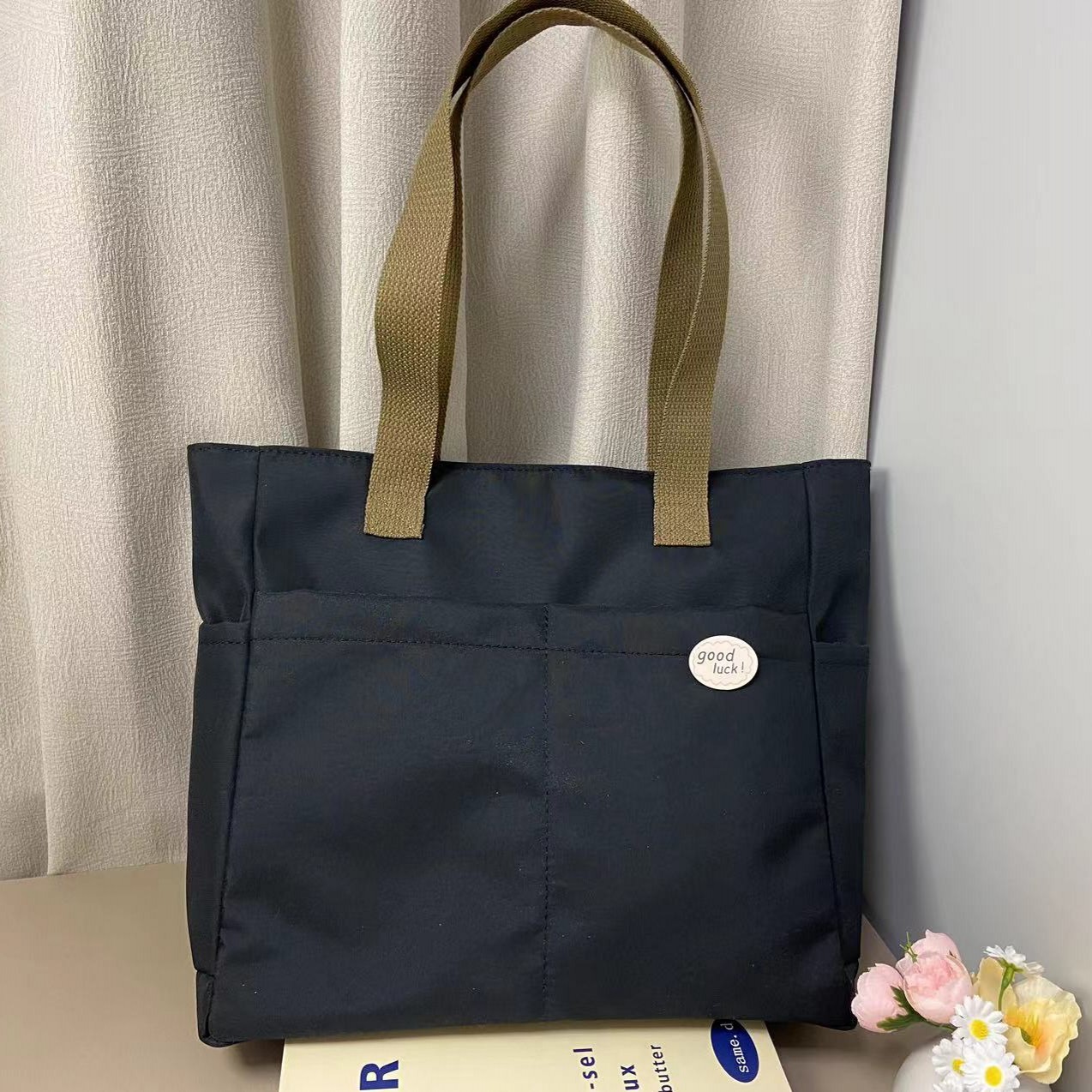 Diseño original bolso de tote de lona gruesa con cremallera japonesa para viajeros, bolso de hombro simple para estudiantes de arte informal