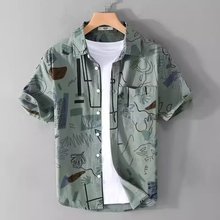 夏季日系个性印花短袖衬衫男士时尚百搭休闲文艺沙滩衬衣宽松上衣
