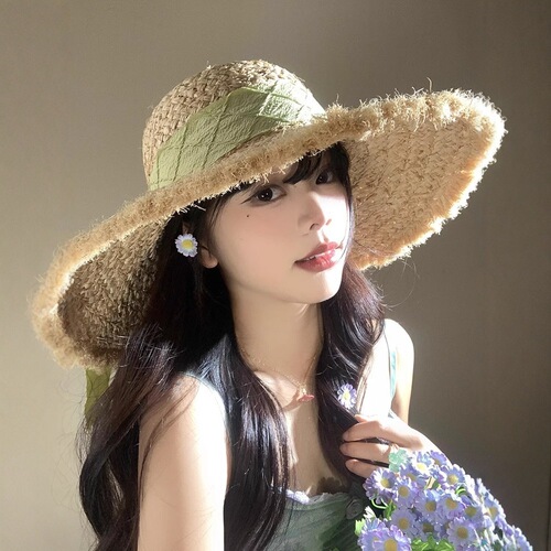 French bow Raffie straw hat women summer big hat brim sun protection hat beach beach vacation knit hat