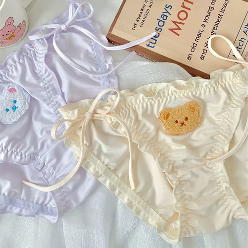 Adorable Bear Cute Girl Heart Ice Silk Underwear for Women Pure Cotton Hip Antibacterial Removable Bowknot Student Low-Rise Triangle Pants