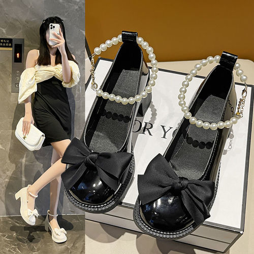 Spring and Summer New Butterfly Knot Pearl Chain French Mary Jane Women's Sandals Match Skirts Thick Heel High Heels Women