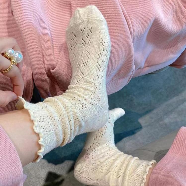 襪子女韓國東大門miu襪可愛木耳邊奶油杏鏤空襪百搭堆堆諸暨批發