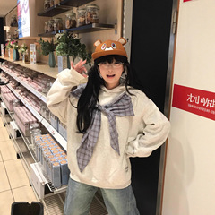 美式蝴蝶结格子拼接披肩连帽卫衣男女秋冬新款宽松设计感外套帽衫