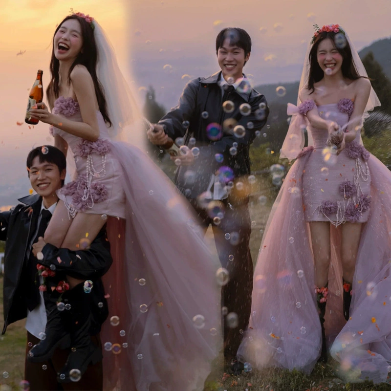 Wedding dress, fashionable tube top, flowered, Korean style, asymmetric cut